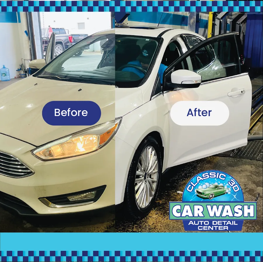 Before and after Classic 3D detail on a white Ford Focus
