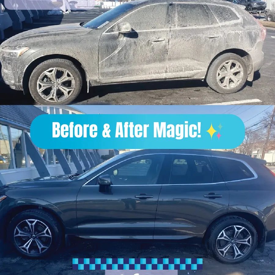 Before and after detail transformation on a grey SUV